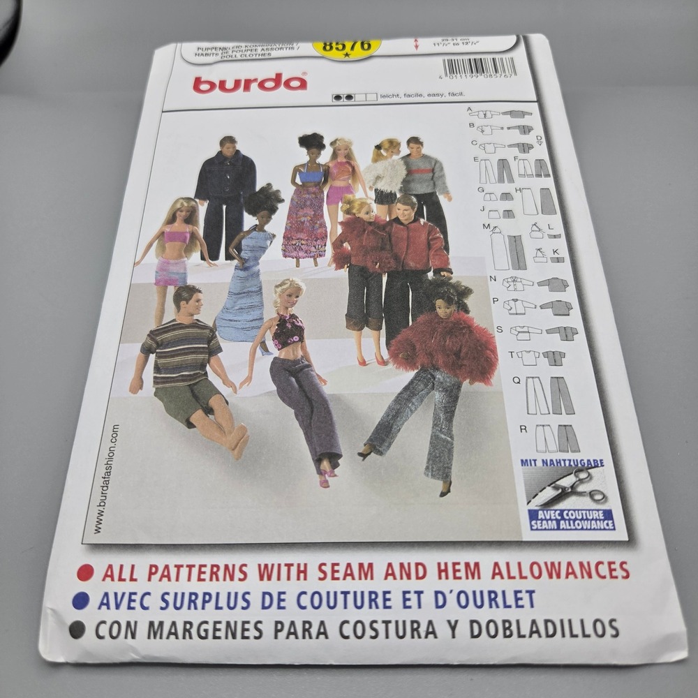 Burda 8576 Doll Clothes Sewing Pattern 11.5-12 Inch Fashion Dolls Barbie Ken